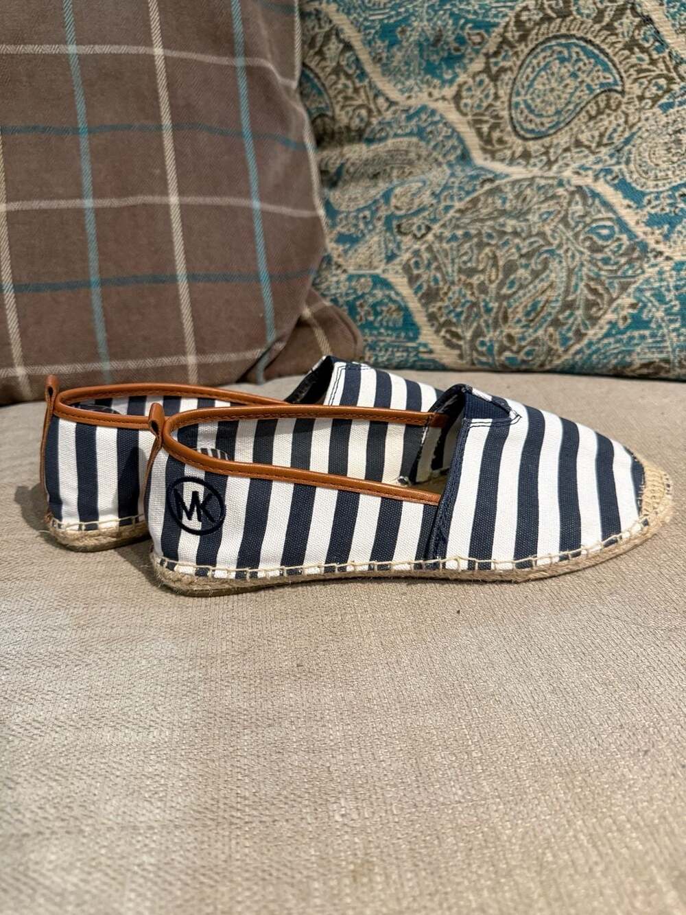Michael Kors Navy & White Striped Espadrille Flats with Brown Trim